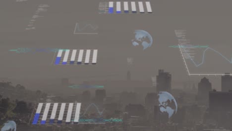 Animation-of-data-processing-and-spinning-globe-icons-against-aerial-view-of-cityscape