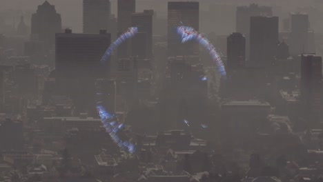 Animation-Des-Sich-Drehenden-Globus-Symbols-Vor-Der-Luftaufnahme-Des-Stadtbildes