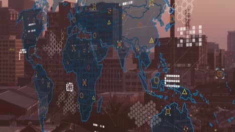 Animación-Del-Mapa-Mundial-Y-Procesamiento-De-Datos-Financieros-Sobre-El-Paisaje-Urbano