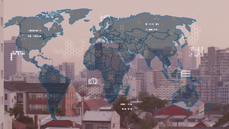 Animation-Der-Weltkarte-Und-Datenverarbeitung-Im-Vergleich-Zur-Luftaufnahme-Des-Stadtbildes