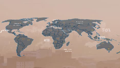 Animation-Der-Weltkarte-Und-Datenverarbeitung-Im-Vergleich-Zur-Luftaufnahme-Des-Stadtbildes