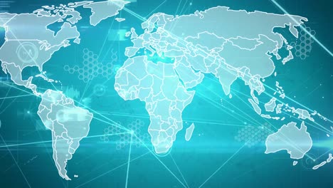 Animation-Des-Netzwerks-Von-Verbindungen-Und-Datenverarbeitung-über-Der-Weltkarte-Auf-Blauem-Hintergrund