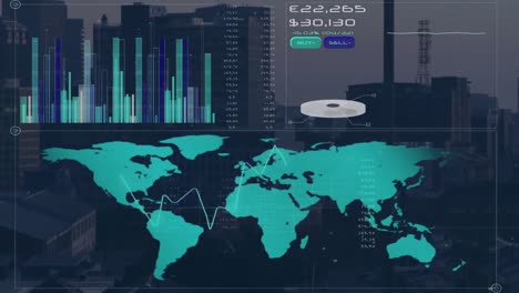 Animation-Der-Finanzdatenverarbeitung-über-Einer-Weltkarte-Im-Vergleich-Zur-Luftaufnahme-Des-Stadtbildes