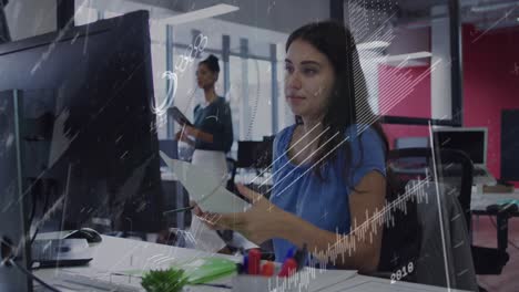 Animation-of-data-processing-over-caucasian-woman-with-document-looking-at-computer-screen