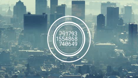 Animation-of-changing-numbers-over-round-scanner-against-aerial-view-of-cityscape