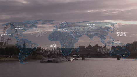 Animation-Der-Weltkarte-Und-Datenverarbeitung-Im-Vergleich-Zur-Luftaufnahme-Des-Meeres-Und-Der-Stadtlandschaft