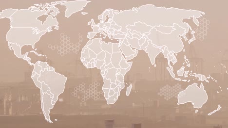 Animation-Der-Weltkarten--Und-Finanzdatenverarbeitung-über-Dem-Stadtbild
