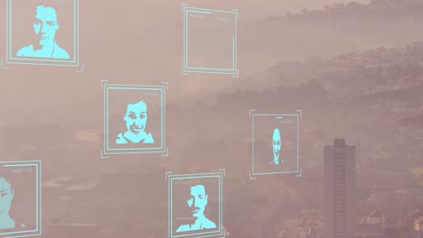 Animation-of-multiple-changing-profile-icons-against-aerial-view-of-cityscape