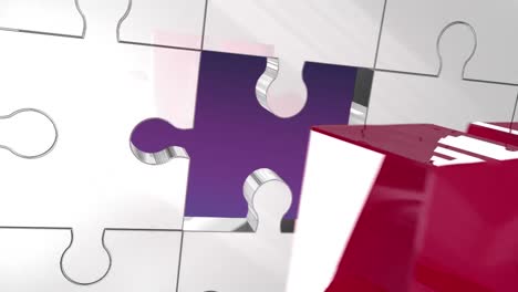 Animation-of-key-opening-a-jigsaw-puzzle-against-purple-gradient-background-with-copy-space