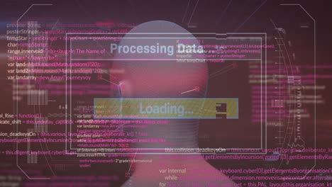 Animation-of-interface-with-data-processing-over-spinning-human-head-model-against-pink-background