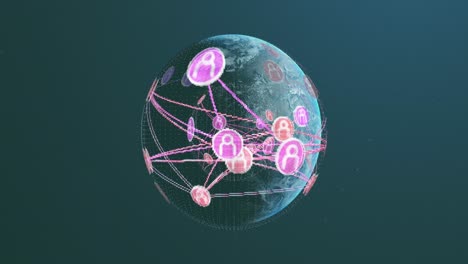 Animation-of-network-of-profile-icons-over-spinning-globe-against-blue-background