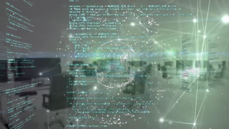 Animation-of-glowing-network-of-connections,-spinning-globe-and-data-processing-against-empty-office