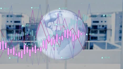 Animation-Von-Statistiken-Und-Finanzdatenverarbeitung-über-Den-Globus-Und-Die-Stadt