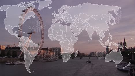Animation-Von-Formen-Und-Weltkarte-über-Dem-Londoner-Stadtbild