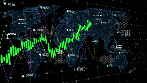 Animation-of-data-processing-over-grid-network-against-world-map-on-black-background