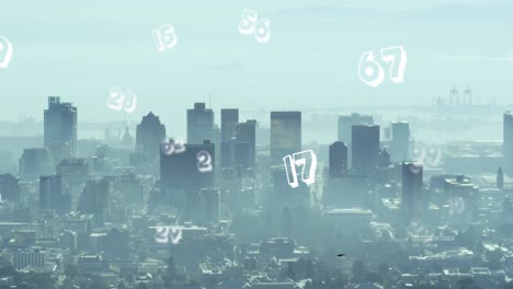 Animation-of-multiple-numbers-floating-against-aerial-view-of-cityscape
