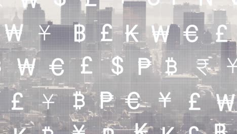 Animation-of-currency-symbols-and-data-processing-over-cityscape