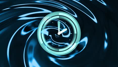 Animation-of-neon-ticking-clock-over-blue-glowing-digtal-wave-moving-against-black-background