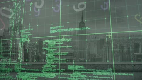 Animation-Sich-ändernder-Zahlen-Und-Datenverarbeitung-über-Ein-Gitternetz-Im-Vergleich-Zur-Luftaufnahme-Des-Stadtbildes