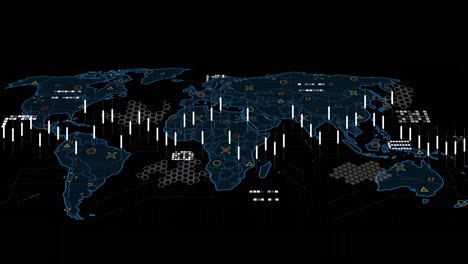 Animation-of-data-processing-over-world-map-against-black-background