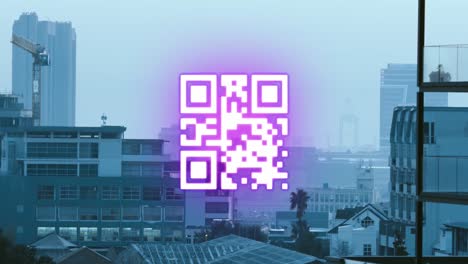 Animation-of-qr-code-and-data-processing-over-cityscape