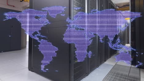 Animation-of-glitch-effect-over-world-map-against-computer-server-room
