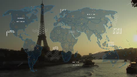 Animation-of-world-map-and-data-processing-over-paris-landscape