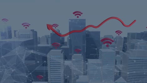 Animation-of-moving-arrow-with-wi-fi-icons-and-connected-dots-against-modern-city-in-background