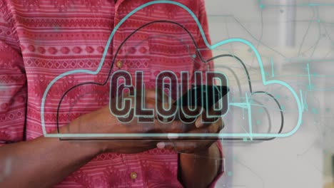 Animation-of-cloud-text-banner-and-icon-and-light-trails-over-mid-section-of-a-man-using-smartphone
