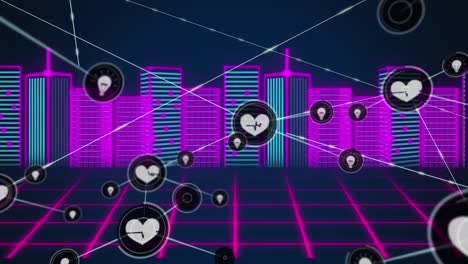 Animation-of-network-of-connections-with-heart-icons-over-cityscape
