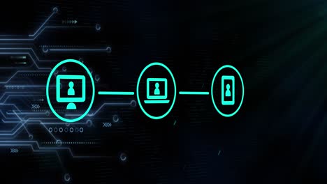 Drei-Grüne-Digitale-Symbole-Mit-Einer-Computerschnittstelle-Auf-Einem-Leuchtend-Blauen-Hintergrund