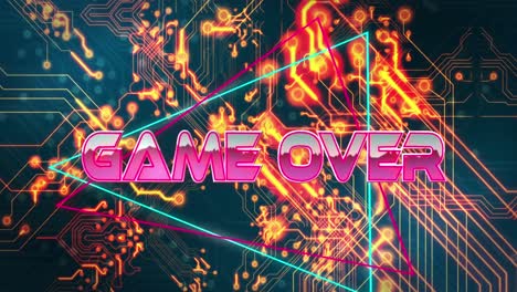 Animation-of-game-over-text-on-triangles,-illuminated-circuit-board-pattern-against-blue-background