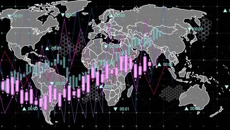 Animation-Der-Datenverarbeitung-über-Ein-Gitternetz-Vor-Einer-Weltkarte-Auf-Schwarzem-Hintergrund