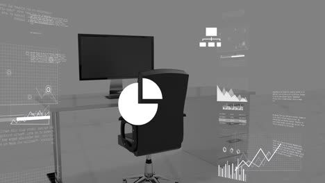 Animation-of-data-processing-over-office-desk-against-grey-background