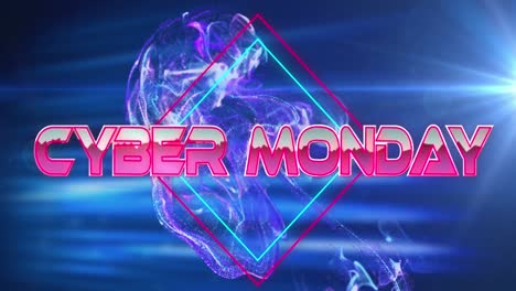 Animation-of-cyber-monday-text-banner-over-blue-light-spot-and-digital-waves-against-blue-background