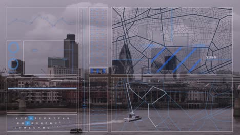 Animation-of-interface-with-data-processing-against-aerial-view-of-sea-and-cityscape