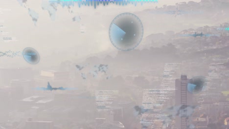 Animation-Der-Datenverarbeitung-Vor-Dem-Hintergrund-Einer-Luftaufnahme-Des-Stadtbildes