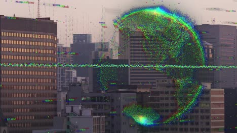 Animation-Der-Datenverarbeitung-über-Einem-Sich-Drehenden-Globus-Im-Vergleich-Zur-Luftaufnahme-Des-Stadtbildes