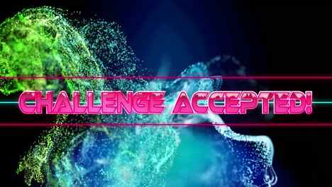Animation-of-challenge-accepted-text-over-blue-and-green-glowing-digital-waves-on-black-background