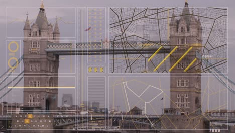 Animation-of-interface-with-data-processing-against-aerial-view-of-london-bridge