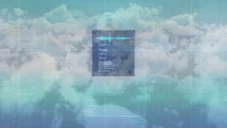 Animation-of-data-processing-over-screen-and-clouds-on-sky