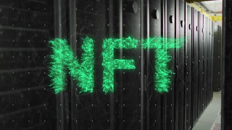 Animation-of-green-nft-text-banner-against-computer-server-room