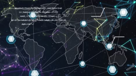 Animation-Des-Netzwerks-Von-Verbindungen-Mit-Symbolen-über-Der-Weltkarte