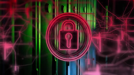 Animation-of-security-padlock-icon-and-pink-light-trails-against-computer-server-room