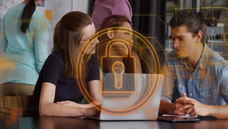Animation-of-security-padlock-and-connections-over-diverse-business-people-in-office
