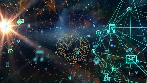 Animation-of-pisces-zodiac-sign-and-network-of-connections-with-icons-over-globe