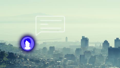 Animation-of-social-media-icon-and-speech-bubble-over-cityscape