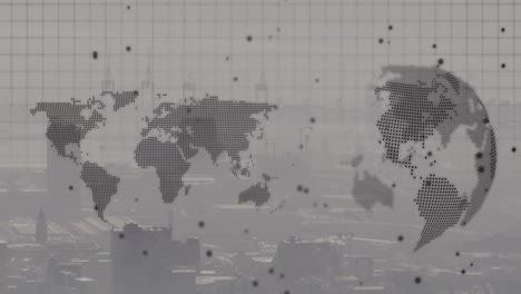Animation-Einer-Weltkarte-Und-Eines-Sich-Drehenden-Globus-Vor-Der-Luftaufnahme-Des-Stadtbildes