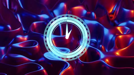 Animation-of-neon-ticking-clock-over-liquid-textured-shapes-against-purple-background