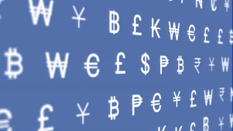 Animation-of-multiple-currency-symbols-moving-against-blue-background